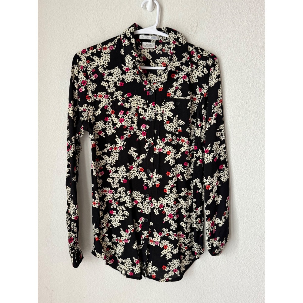 Van Heusen Studio Womens XS Floral Button Down Shirt Black Pink Long Sleeve Top